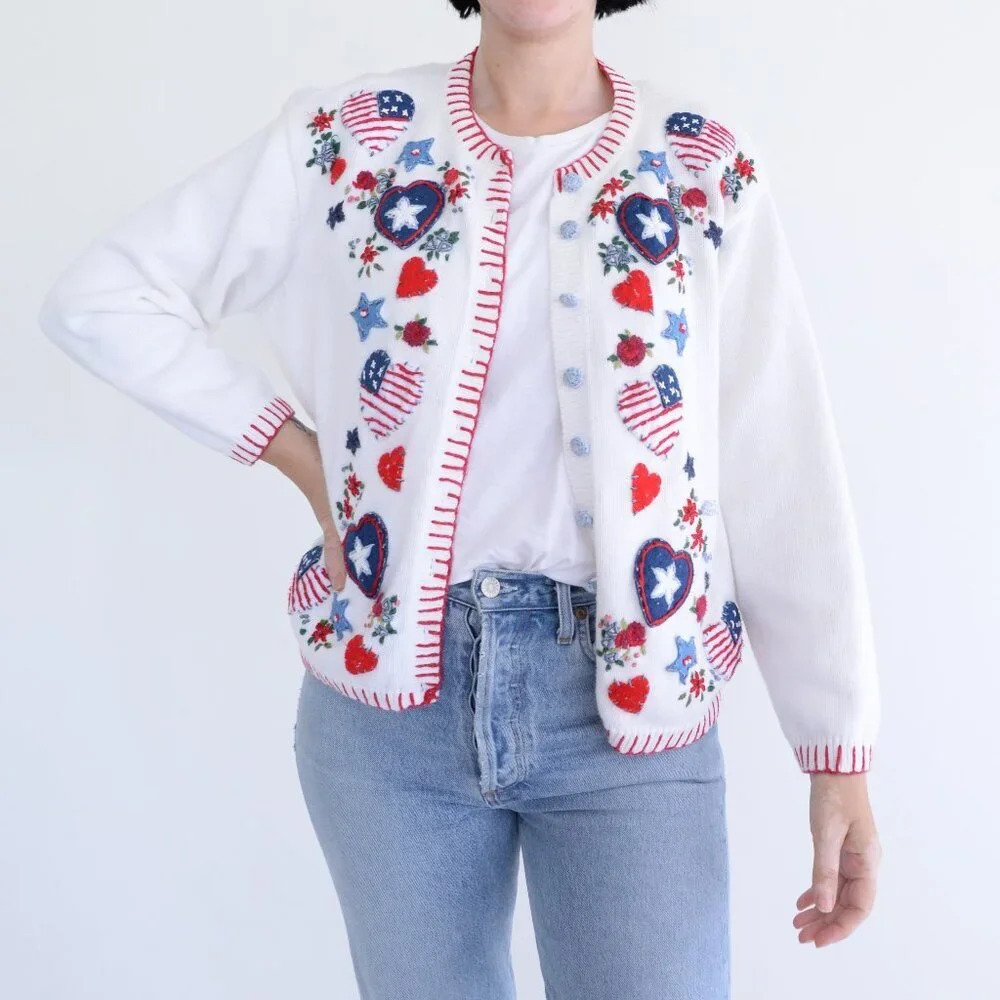 Vintage Heirloom White Red Blue Embroidered Floral Hearts Patriotic Cardigan XL